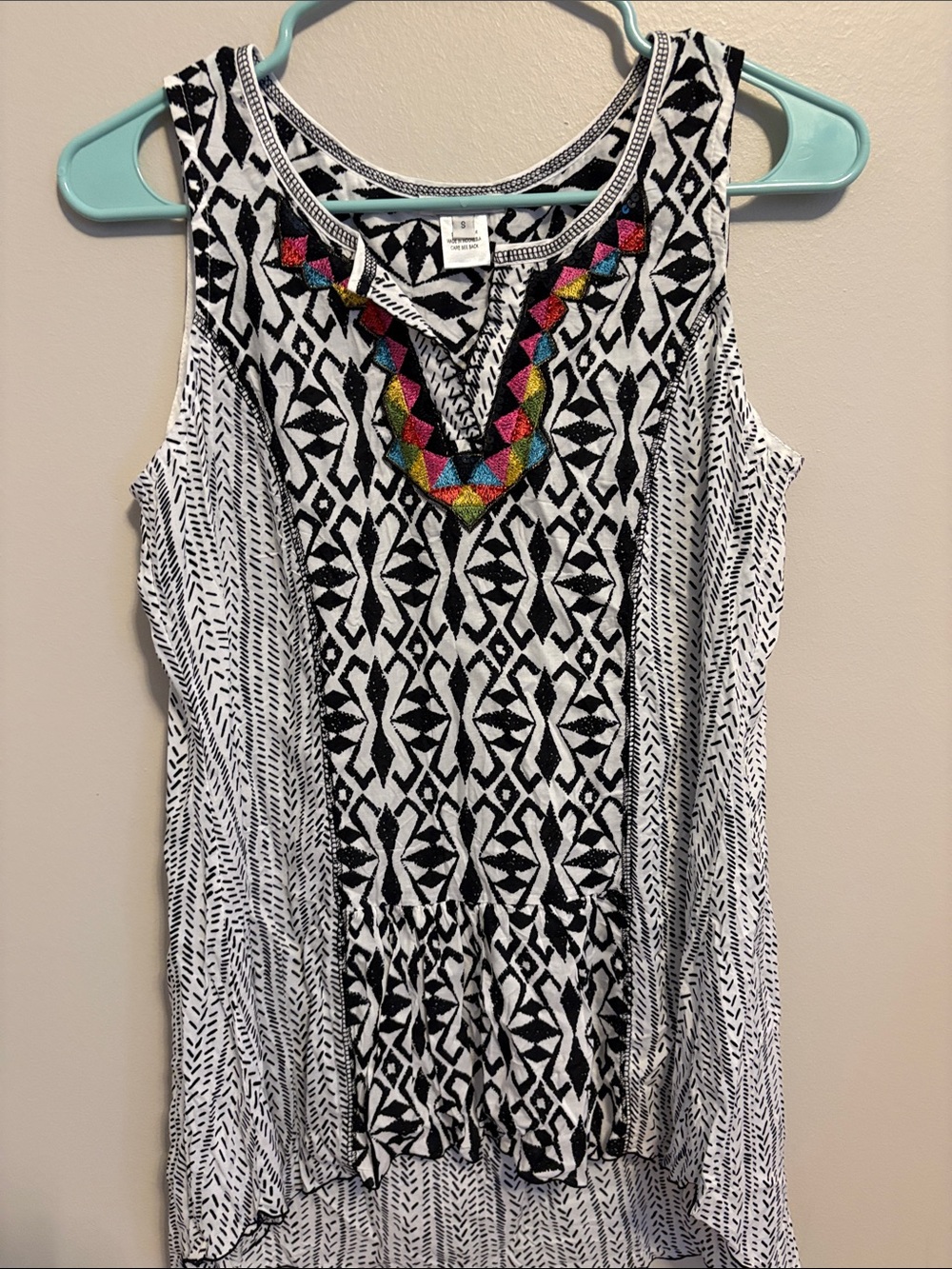 Krista Lee  Black & White Patterned Tank with Colorful Embroidered V-Neck